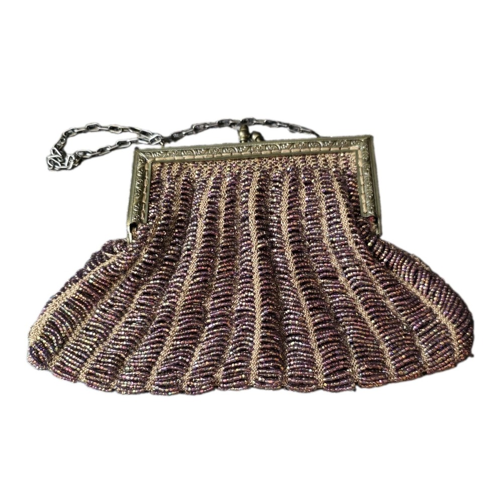 Antique 1920s Flapper Purse Purple Micro Beaded Fringe Kiss Lock Clasp **READ**